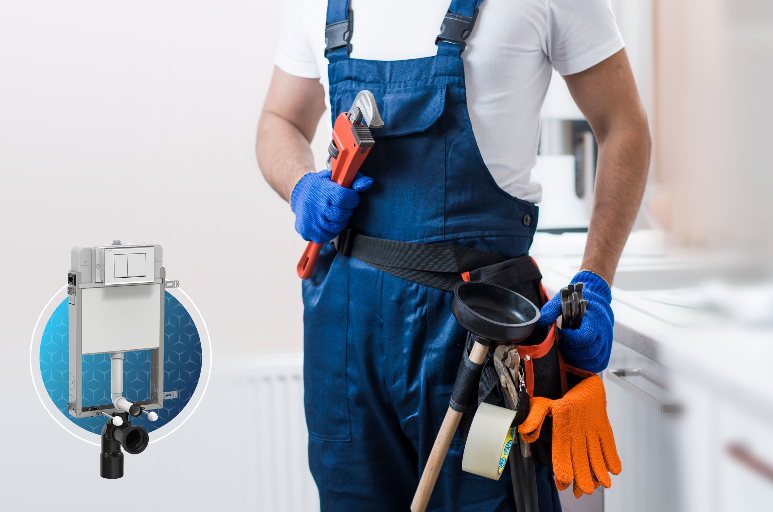 A plumber wearing blue overalls and protective gloves holding a wrench, with a concealed cistern system displayed in a circular inset next to them. The tools in their belt include a plunger, tape, and a pair of pliers.