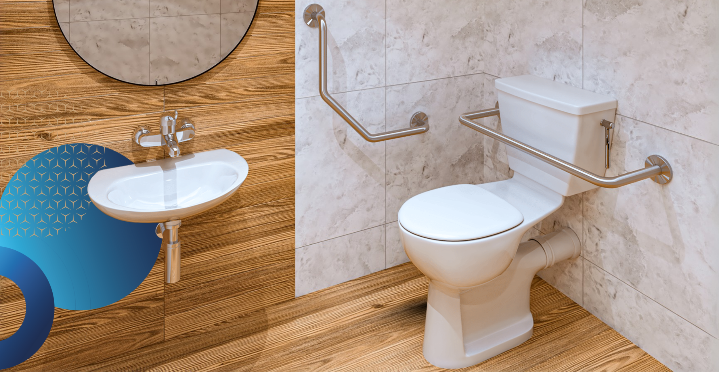 An accessible bathroom setup featuring a floor-mounted toilet with dual stainless steel grab rails on both sides, designed for ease of use and support. The surrounding walls are tiled in light marble, with a wood-textured wall hosting a mounted round mirror and a wall-hung basin with a single-lever mixer tap. The design blends modern aesthetics with functionality for individuals with limited mobility