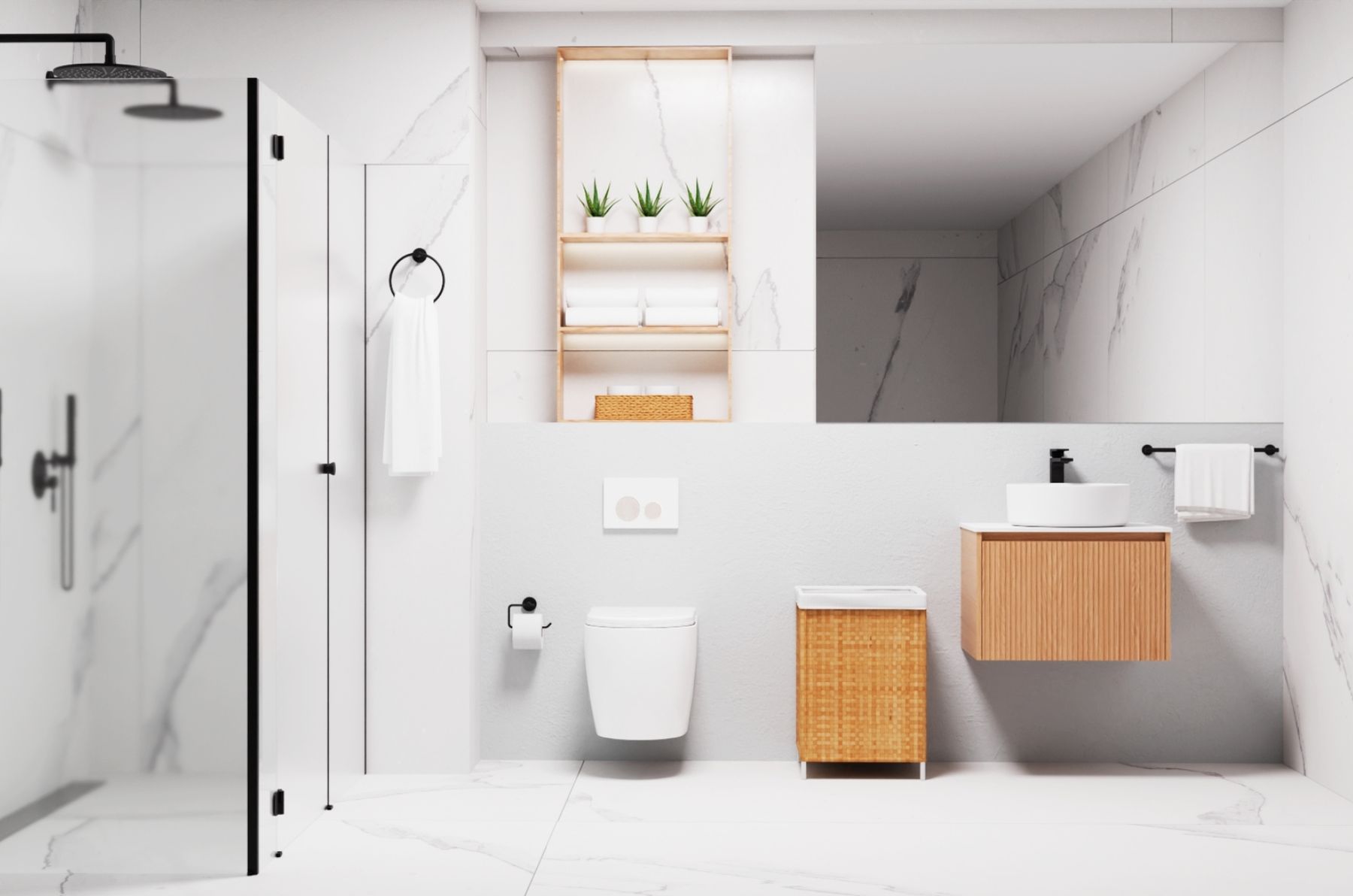 A modern bathroom featuring a minimalistic design with white marble walls and floor. The space includes a walk-in shower with a black showerhead, a floating wooden vanity with a round white sink, and a small wooden storage unit. A black towel rail and a toilet paper holder complement the sleek decor, while neatly stacked towels and small plants add a touch of warmth and greenery.