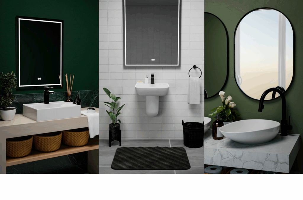 Three modern bathroom basin and vanity setups with LED mirrors, matte black taps and green feature walls – including countertop and wall-hung sinks.