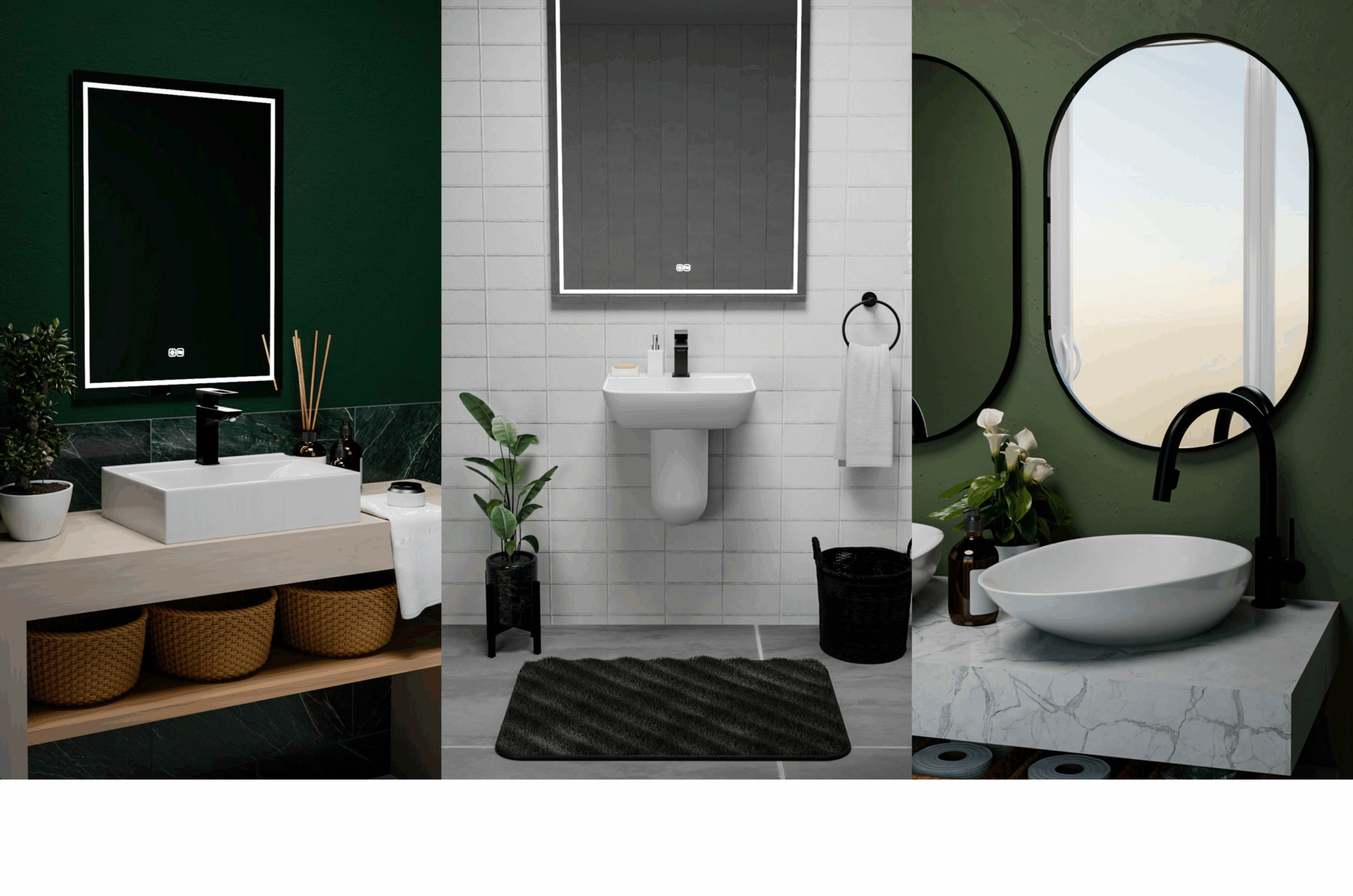 Three modern bathroom basin and vanity setups with LED mirrors, matte black taps and green feature walls – including countertop and wall-hung sinks.