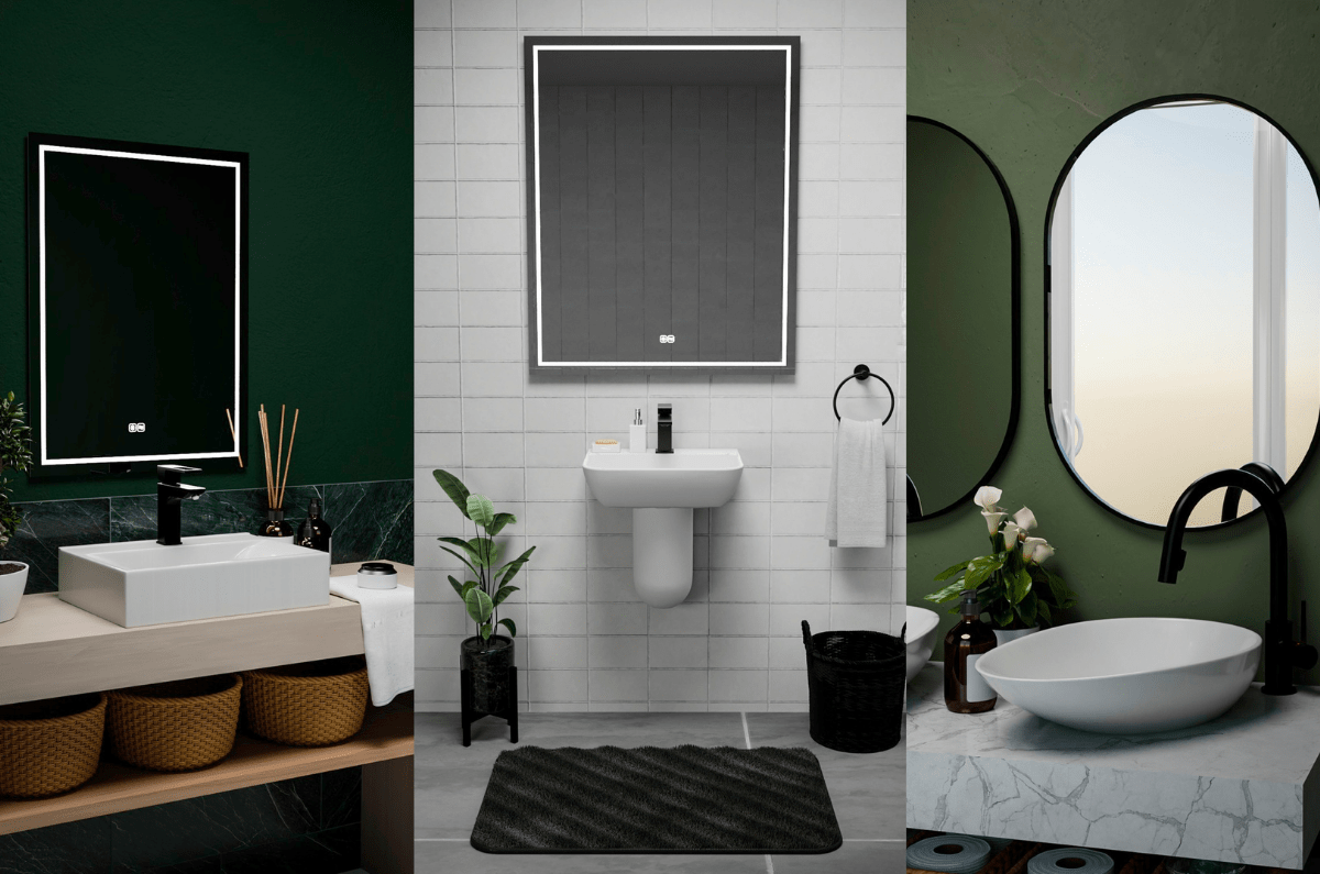 2026 bathroom trends with Lecico bathroom basins, black fittings, statement mirrors and warm modern finishes.