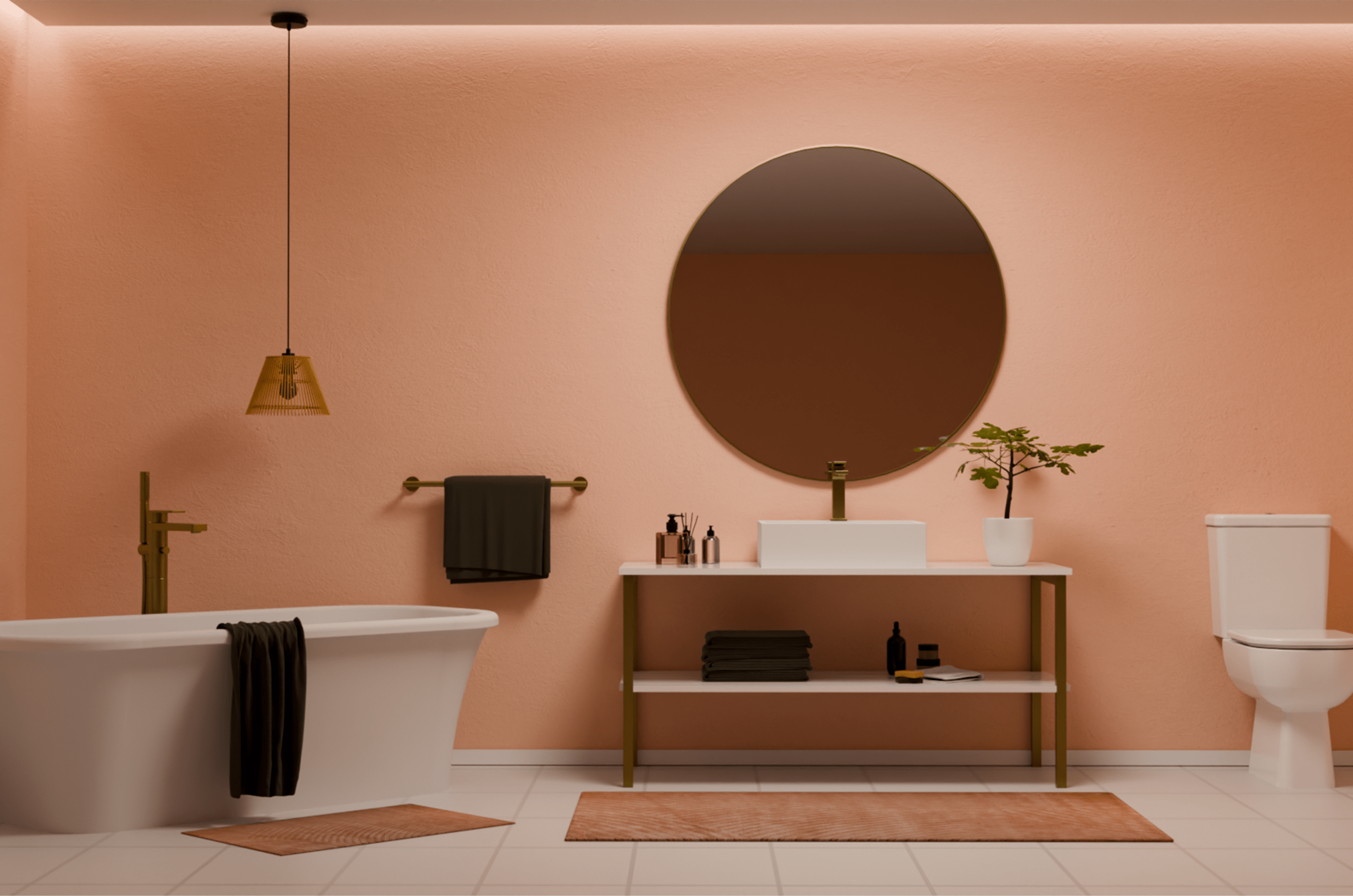 Warm-toned autumn bathroom with Lecico freestanding bath, square countertop basin and toilet