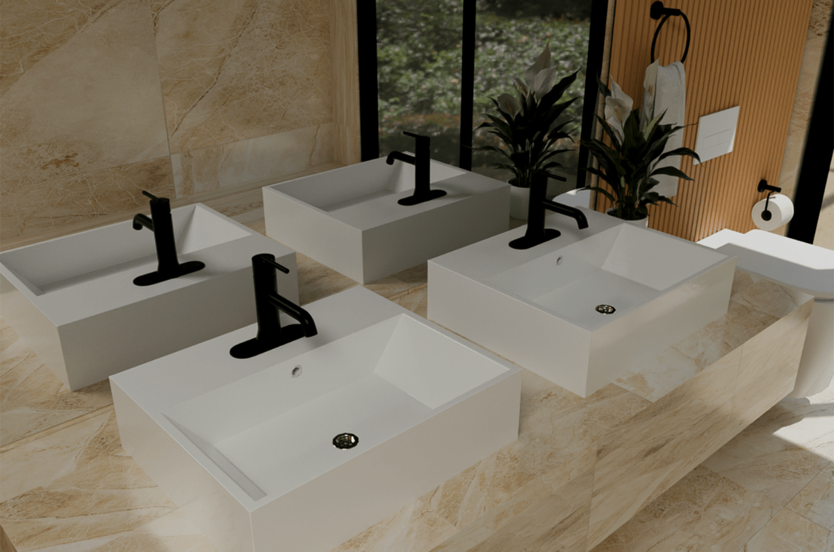 Hygge bathroom retreat featuring Lecico basins, black bathroom fittings, natural textures and a calming freestanding bath.