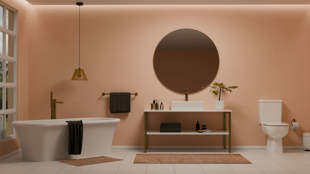 Hygge bathroom retreat with peach walls, freestanding bath, Comfort Square close coupled toilet and minimalist basin by Lecico.
