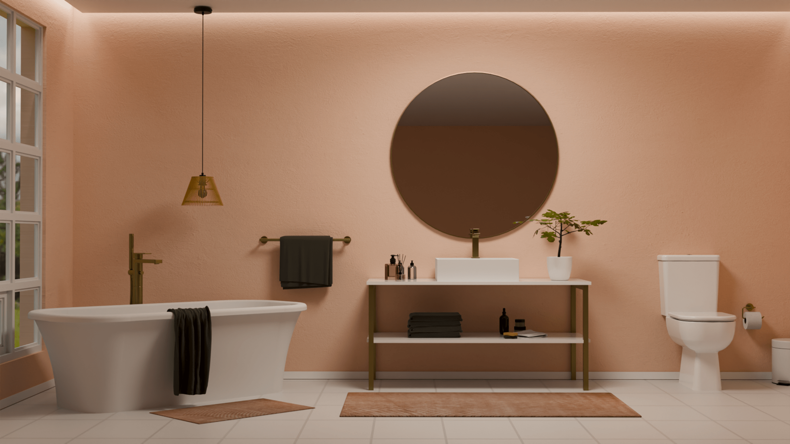 Hygge bathroom retreat with peach walls, freestanding bath, Comfort Square close coupled toilet and minimalist basin by Lecico.