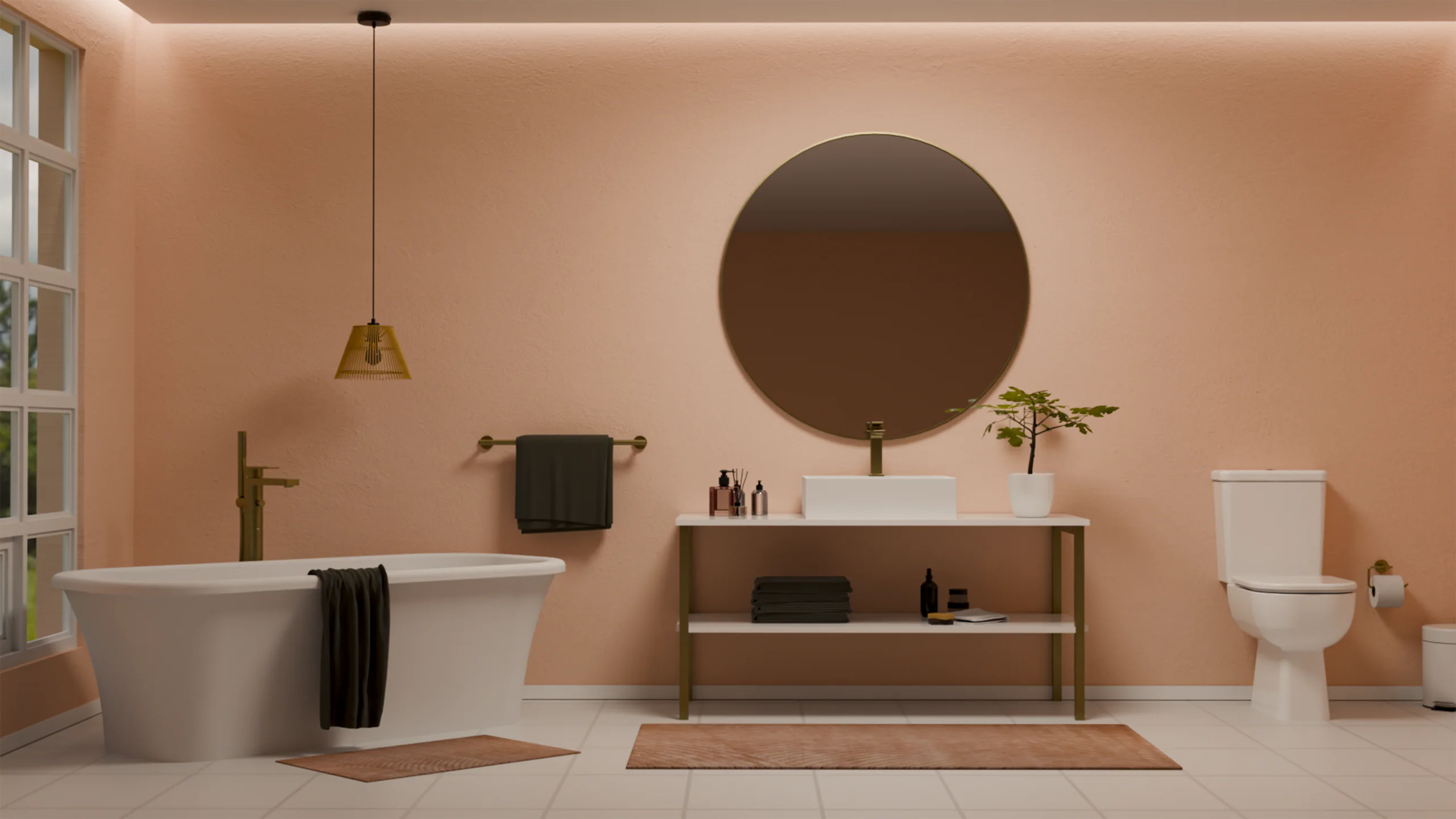 Hygge bathroom retreat with peach walls, freestanding bath, Comfort Square close coupled toilet and minimalist basin by Lecico.