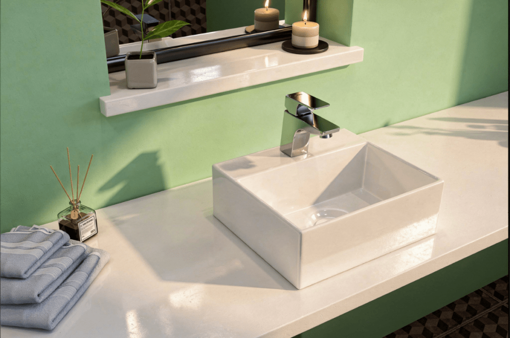 White square countertop basin on a modern bathroom vanity for Lecico basin buying guide