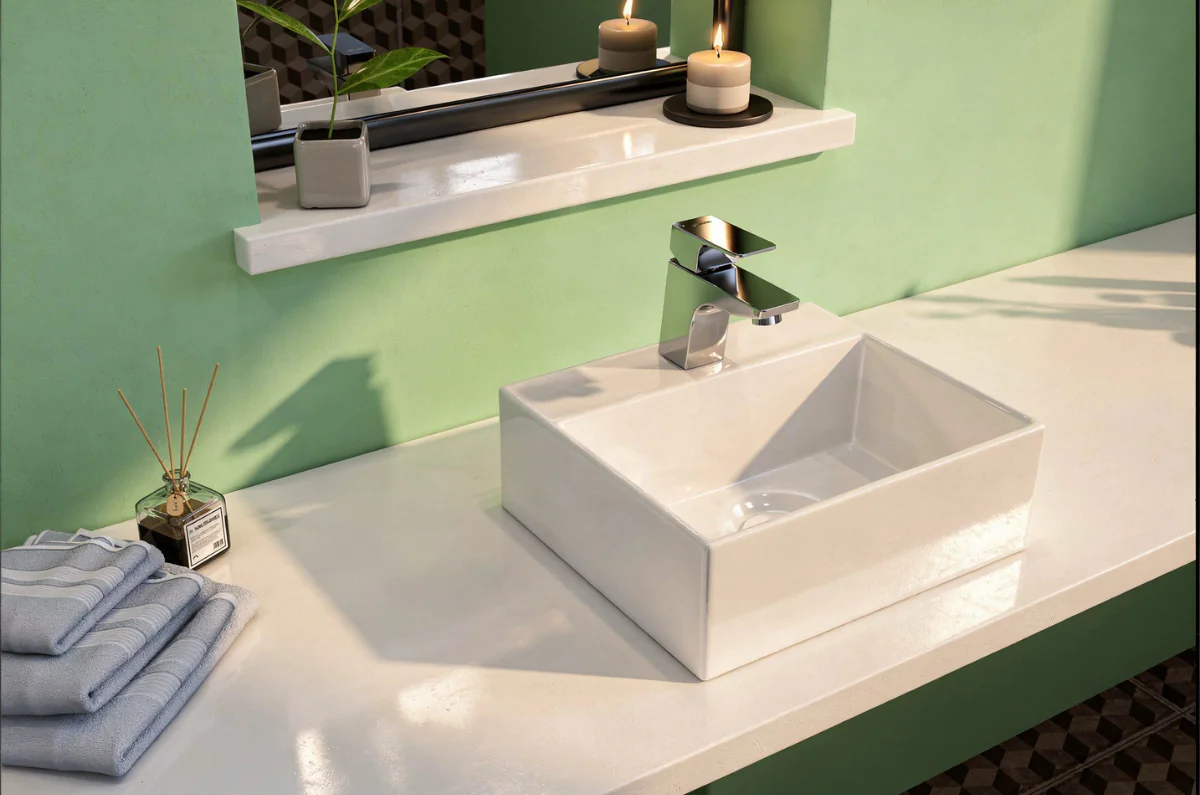 White square countertop basin on a modern bathroom vanity for Lecico basin buying guide