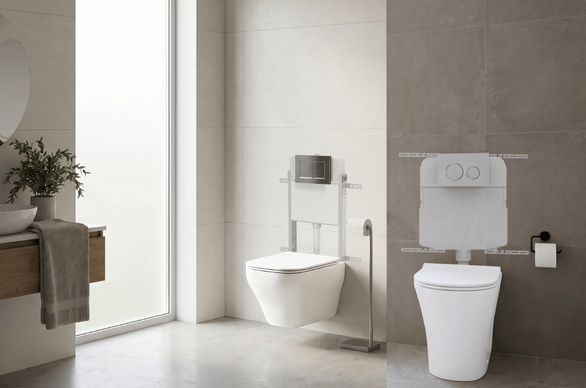 Wall-hung toilet and back-to-wall toilet with concealed cisterns in a modern bathroom setting