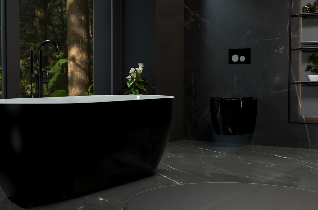 Modern bathroom with black wall-hung toilet, concealed cistern actuator plate and freestanding bath