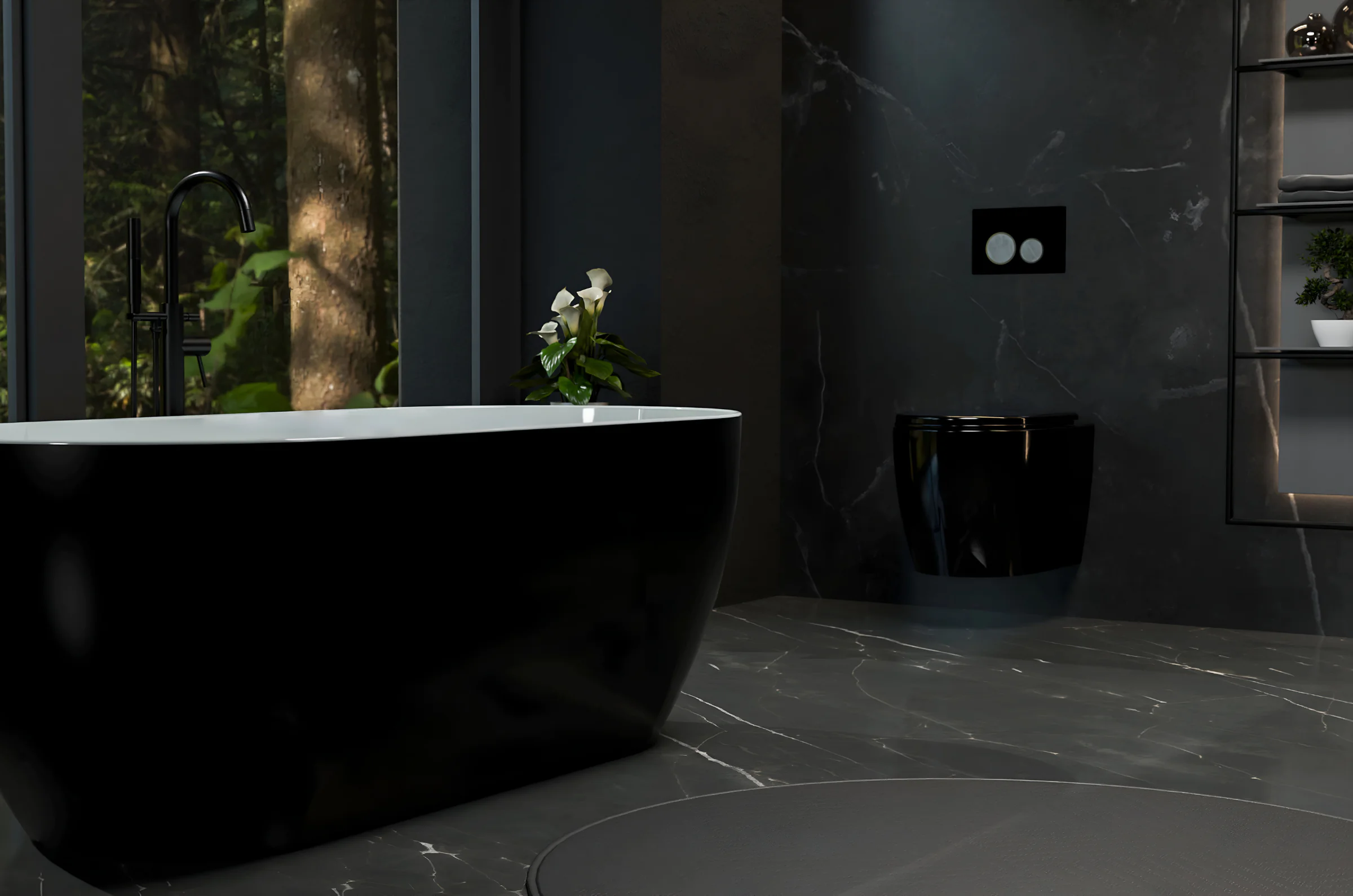 Modern bathroom with black wall-hung toilet, concealed cistern actuator plate and freestanding bath